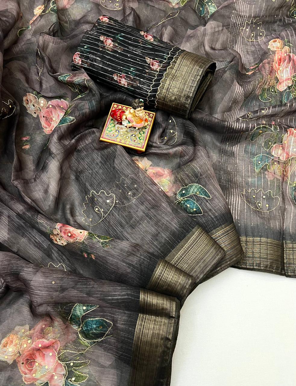 Elegant Charcoal Garden Organza Cotton Silk Saree