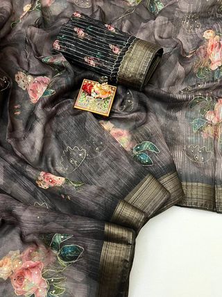 Elegant Charcoal Garden Organza Cotton Silk Saree