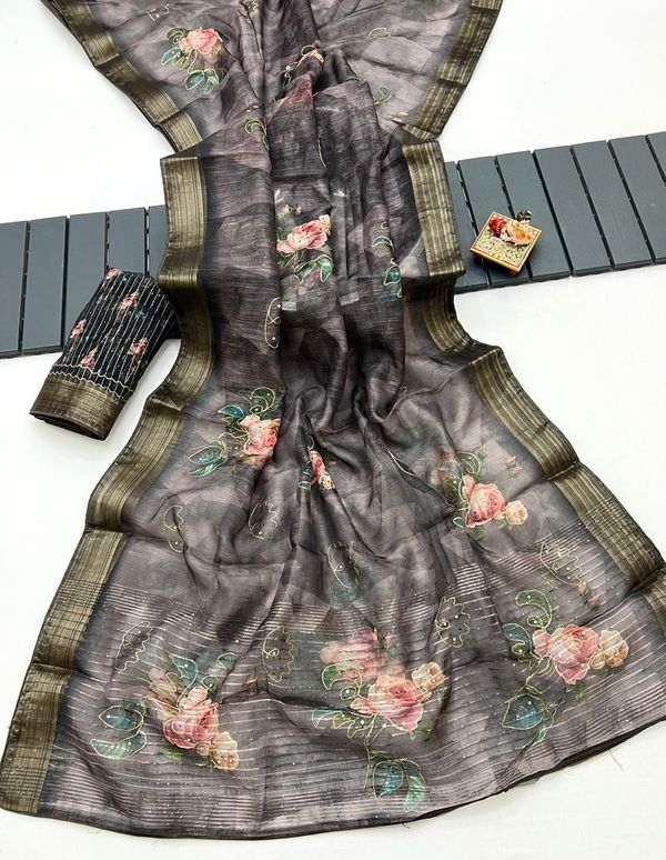 Elegant Charcoal Garden Organza Cotton Silk Saree