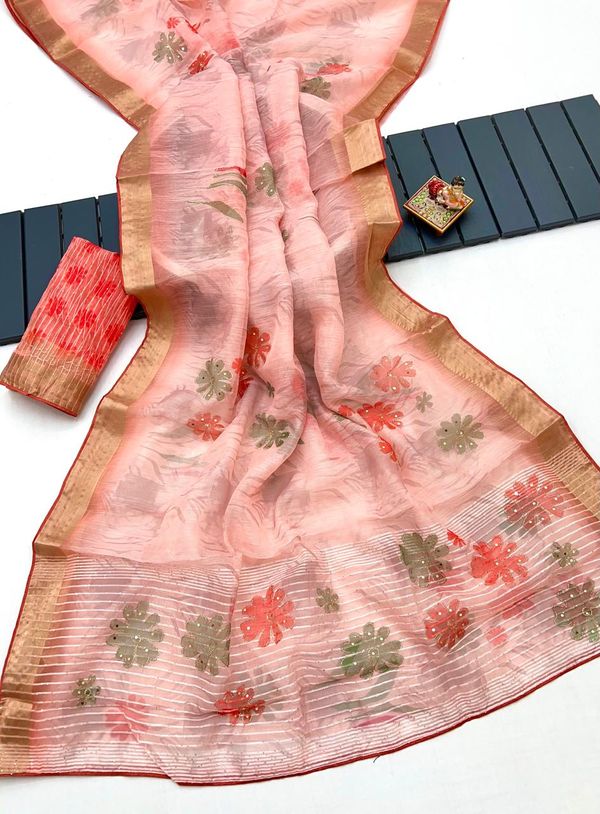 Peach Floral Organza Cotton Silk Saree