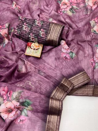 Royal Plum Floral Organza Cotton Silk Party Wear Saree