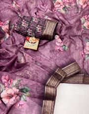 Royal Plum Floral Organza Cotton Silk Party Wear Saree - wine
