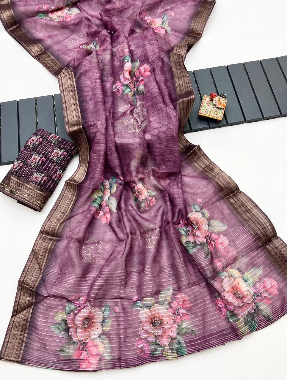 Royal Plum Floral Organza Cotton Silk Party Wear Saree