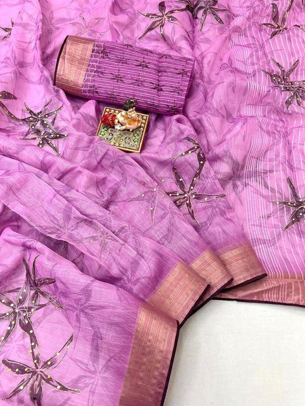 Pink Celestial Bloom Organza Cotton Silk Saree