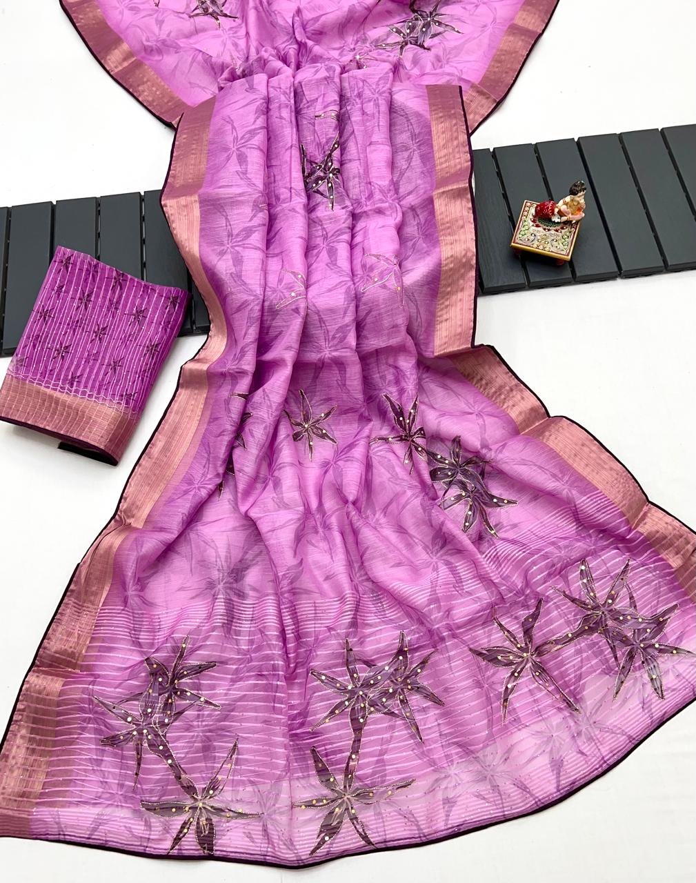 Pink Celestial Bloom Organza Cotton Silk Saree