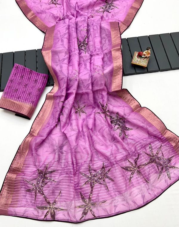 Pink Celestial Bloom Organza Cotton Silk Saree