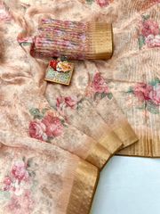 Soft Gold Blossom Organza Cotton Silk Designer Saree - Beige