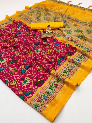 Designer Rani Pink Patola Print Pashmina Silk Festive Saree