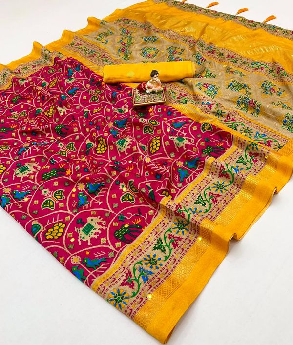 Designer Rani Pink Patola Print Pashmina Silk Festive Saree