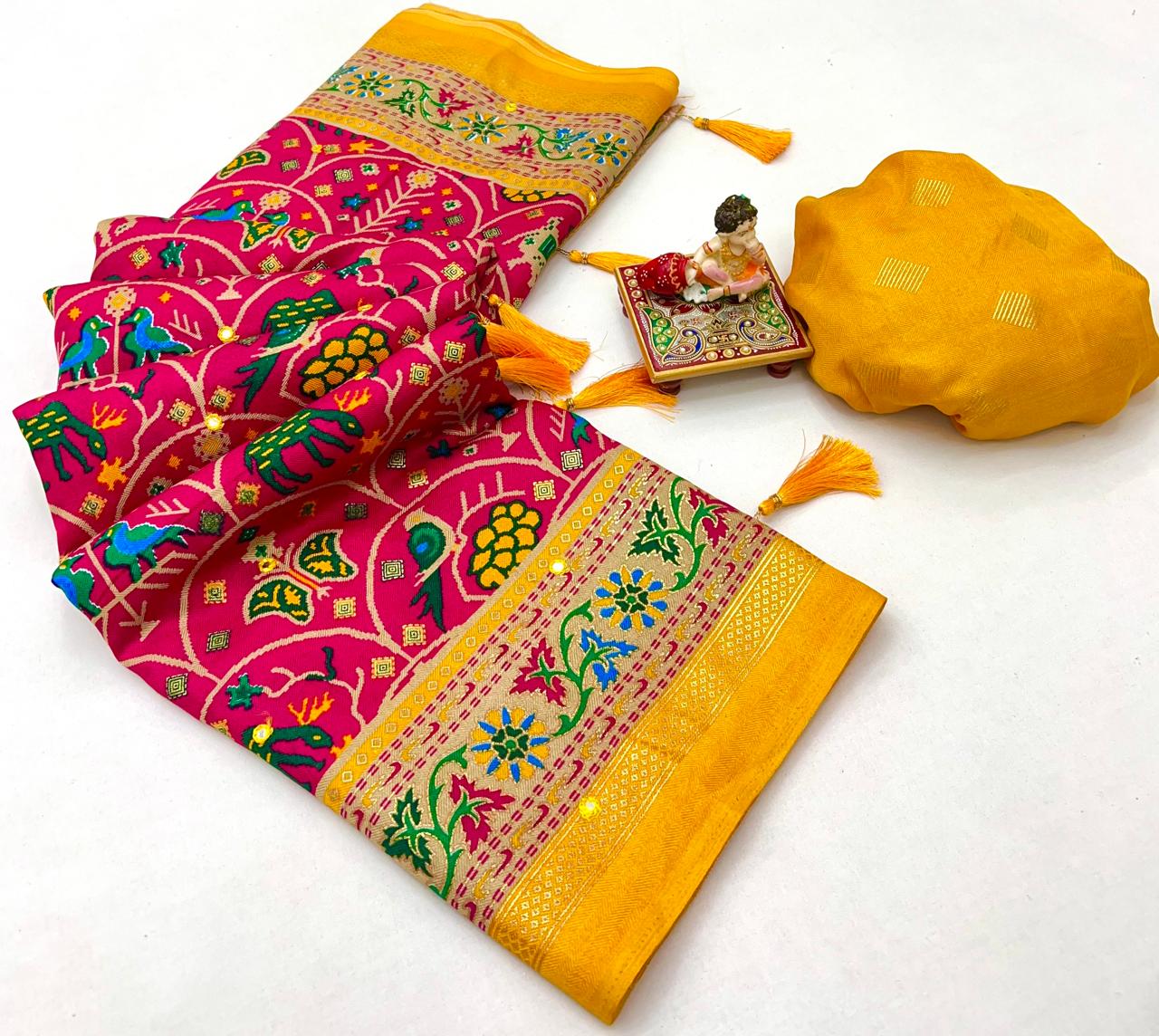 Designer Rani Pink Patola Print Pashmina Silk Festive Saree