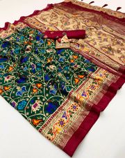 Traditional Bottle Green Patola Border Silk Saree - Forest Green