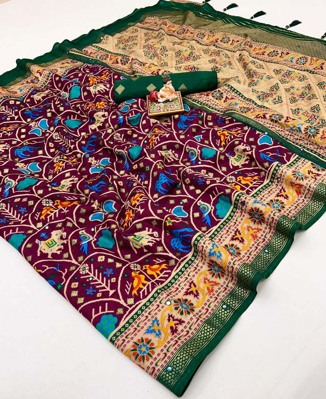 Wine Patola Style Soft Pashmina Silk Party Wear Saree