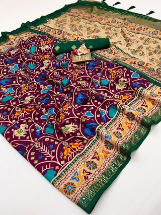 Wine Patola Style Soft Pashmina Silk Party Wear Saree
