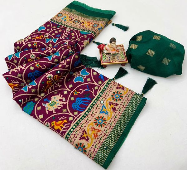 Wine Patola Style Soft Pashmina Silk Party Wear Saree