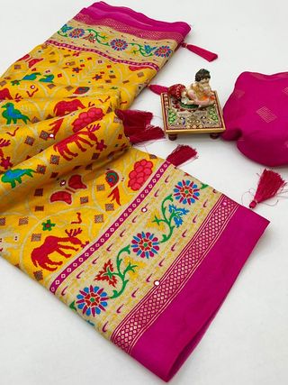 Mustard Yellow Patola Print Soft Pashmina Silk Designer Saree
