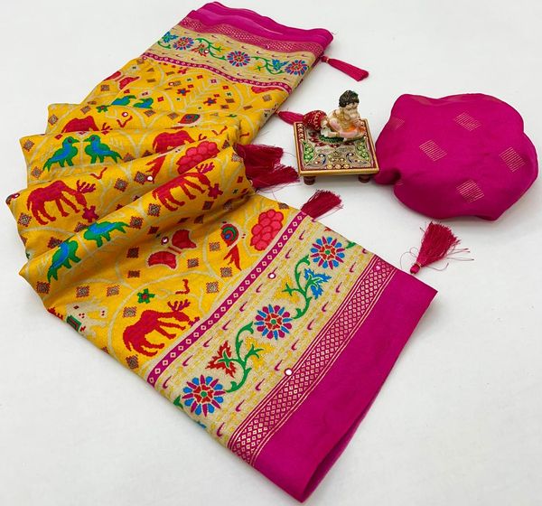 Mustard Yellow Patola Print Soft Pashmina Silk Designer Saree