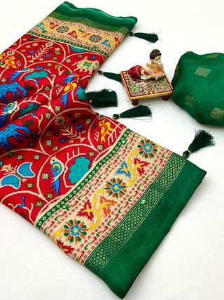 Designer Red Patola Print Pashmina Silk Festive Saree