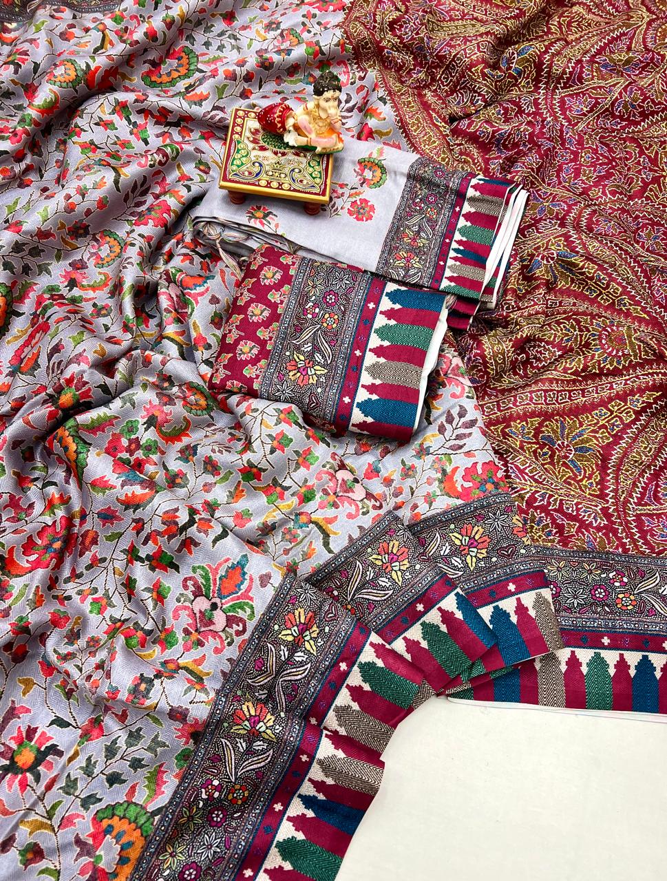 Kashmiri Style Pashmina Saree With Shawl Set