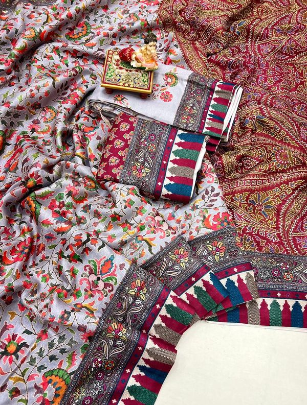 Kashmiri Style Pashmina Saree With Shawl Set