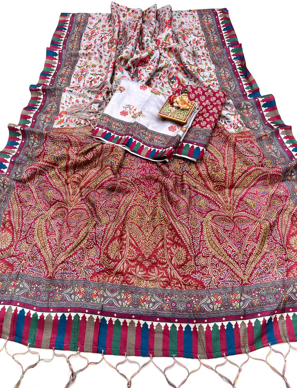 Kashmiri Style Pashmina Saree With Shawl Set