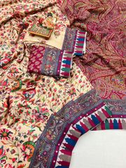 Cream Floral Pashmina Saree With Shawl & Blouse - Cream