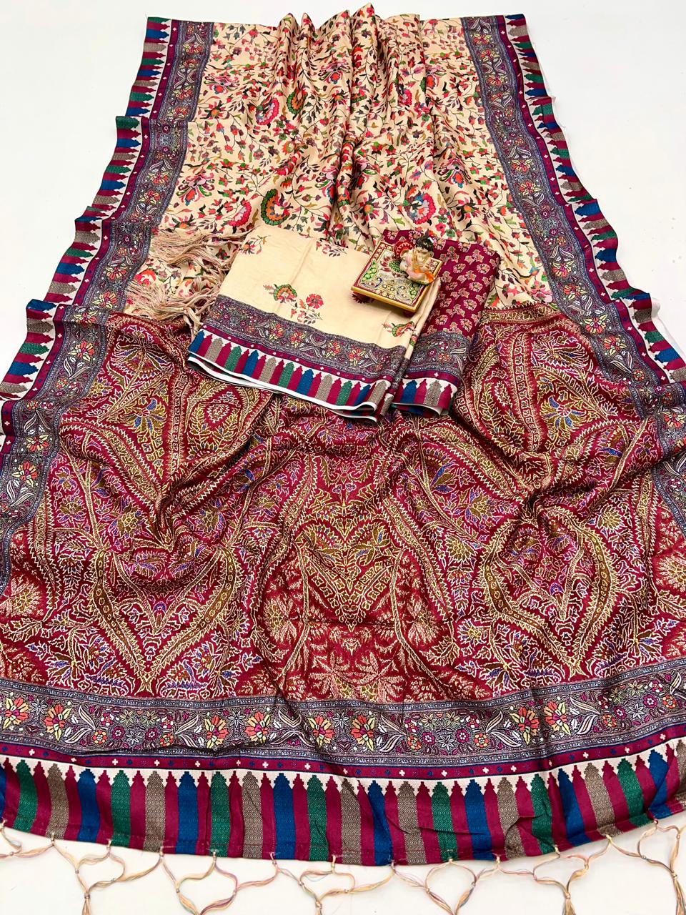 Cream Floral Pashmina Saree With Shawl & Blouse