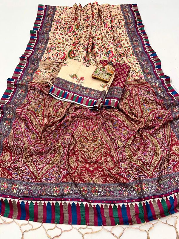Cream Floral Pashmina Saree With Shawl &Amp; Blouse