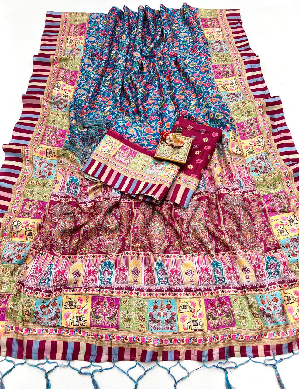 Festive Blue Pashmina Saree With Shawl & Blouse