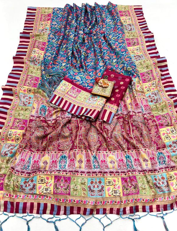 Festive Blue Pashmina Saree With Shawl & Blouse