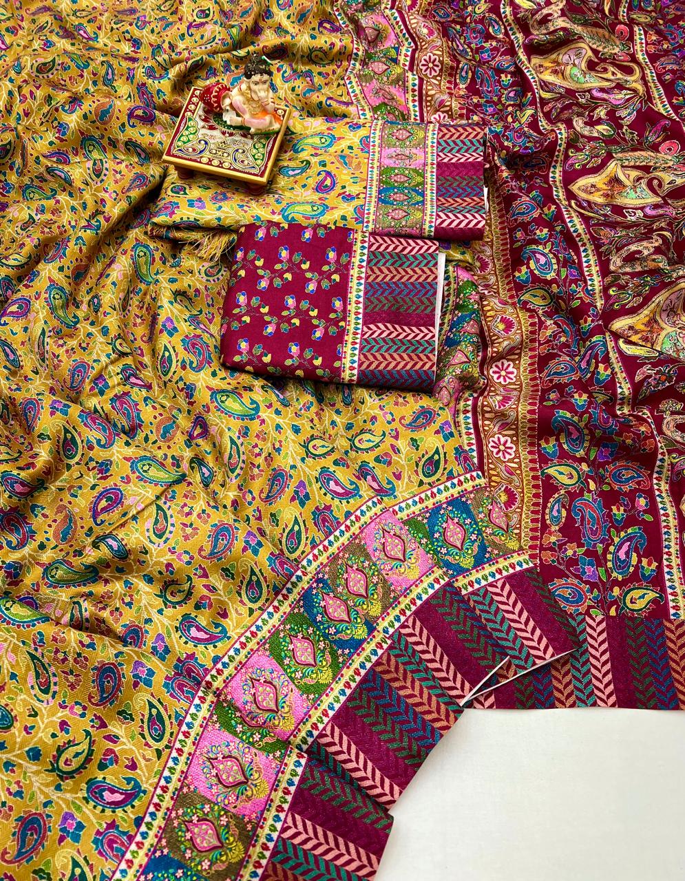 Mustard Paisley Pashmina Saree With Shawl & Blouse Set