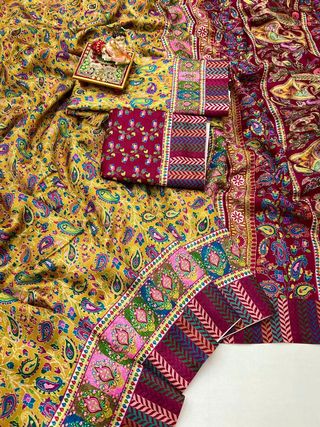 Mustard Paisley Pashmina Saree With Shawl & Blouse Set