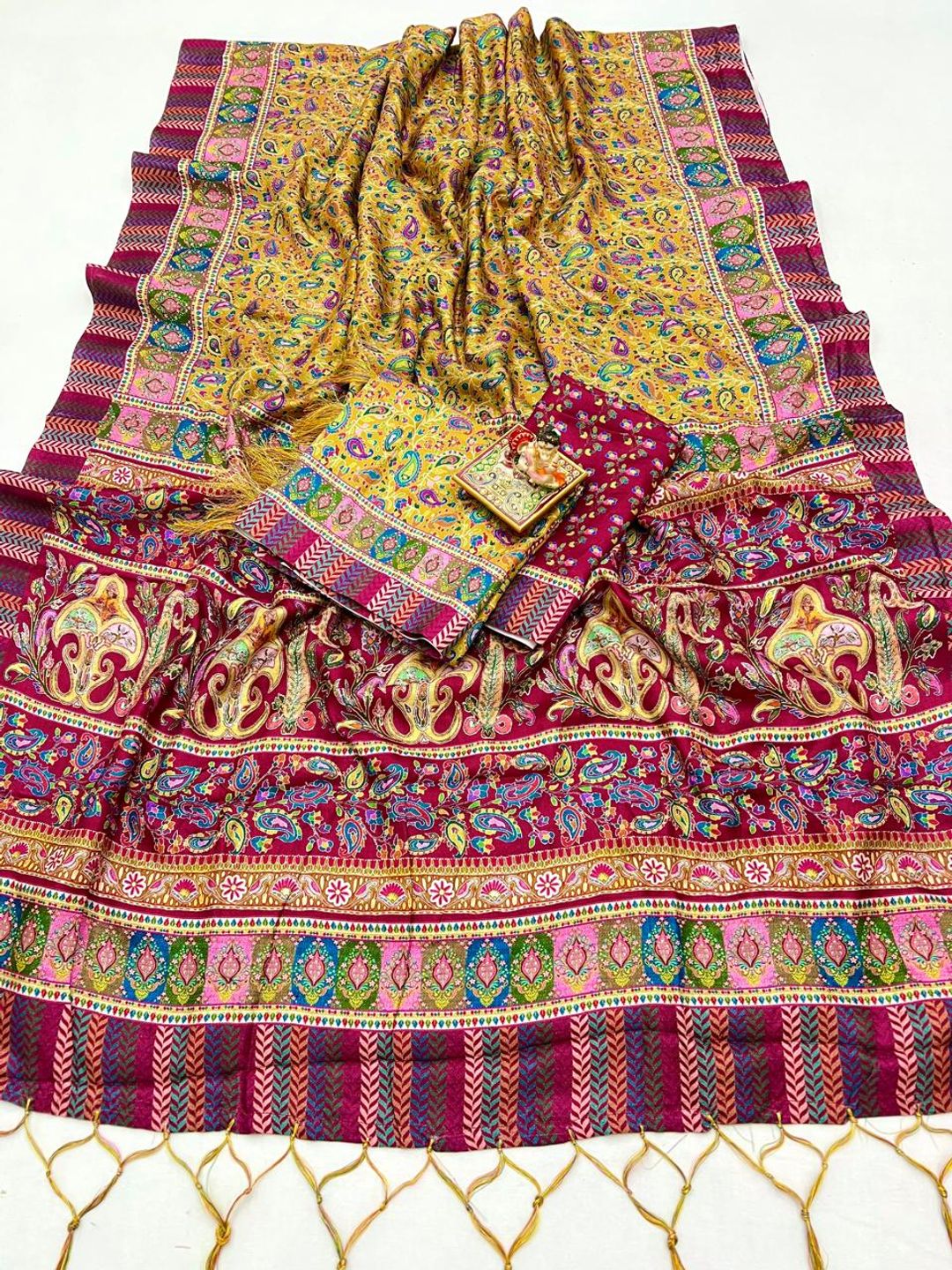 Mustard Paisley Pashmina Saree With Shawl & Blouse Set