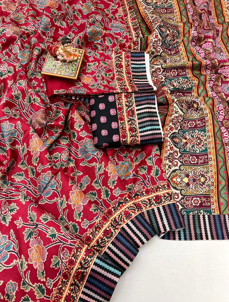 Designer Red Pashmina Saree With Shawl