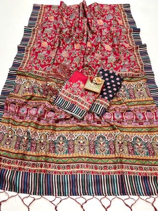 Designer Red Pashmina Saree with Shawl