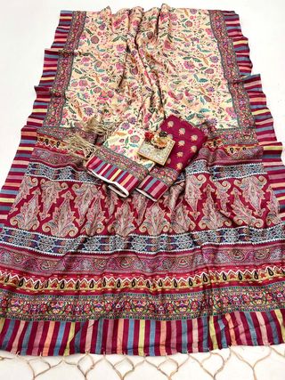 Cream Floral Pashmina Saree with Shawl & Blouse Set