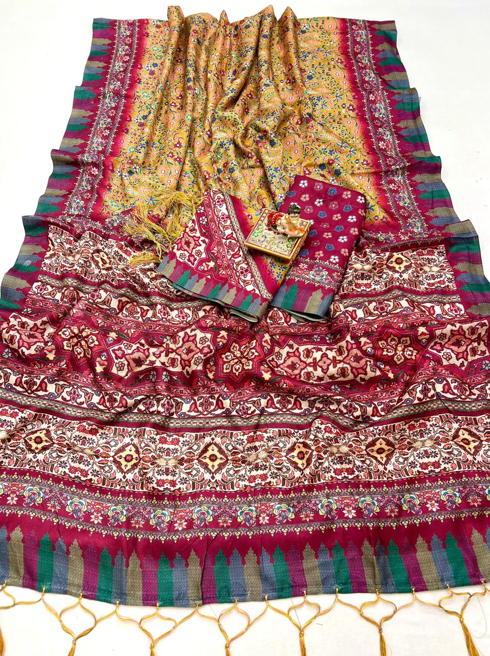 Traditional Yellow Pashmina Saree With Shawl