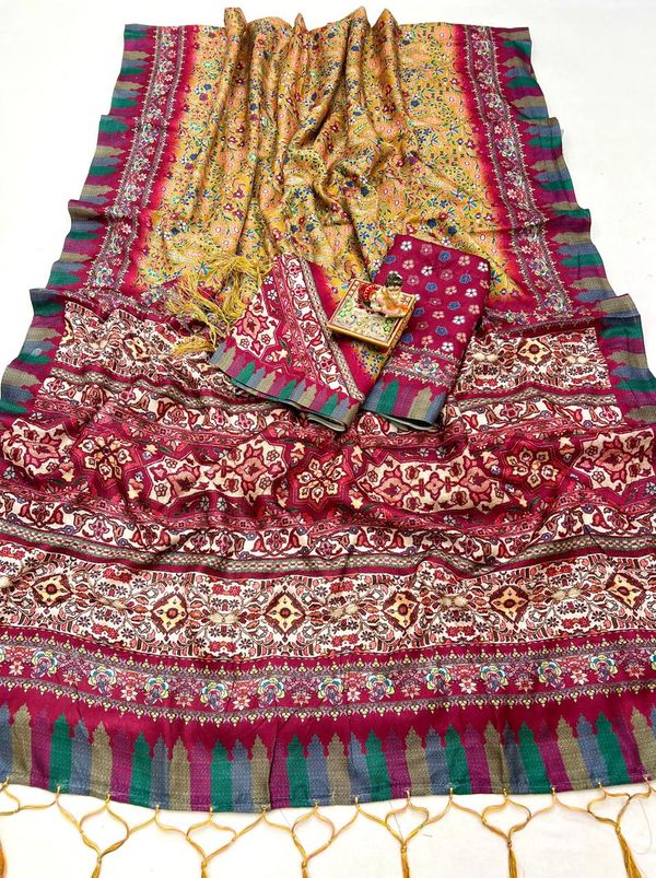 Traditional Yellow Pashmina Saree With Shawl