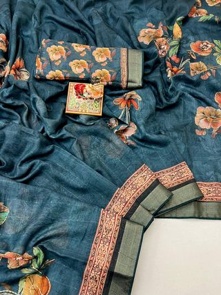 Teal Floral Cotton Digital Print Saree With Work Blouse
