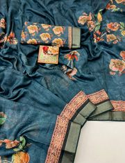 Teal Floral Cotton Digital Print Saree With Work Blouse - Teal