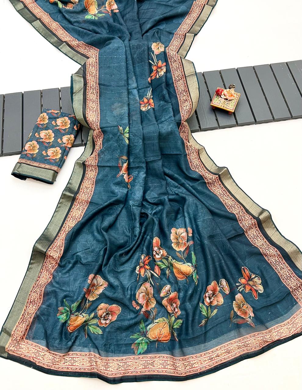 Teal Floral Cotton Digital Print Saree With Work Blouse