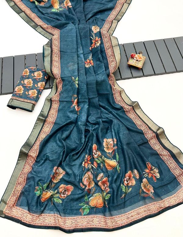 Teal Floral Cotton Digital Print Saree With Work Blouse