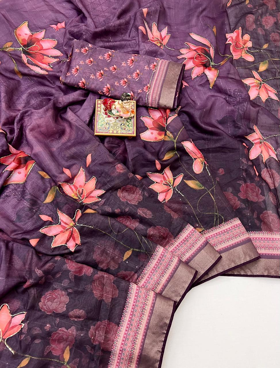 Purple Floral Cotton Saree With CutDana Work Blouse