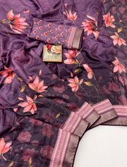 Purple Floral Cotton Saree With CutDana Work Blouse - Purple