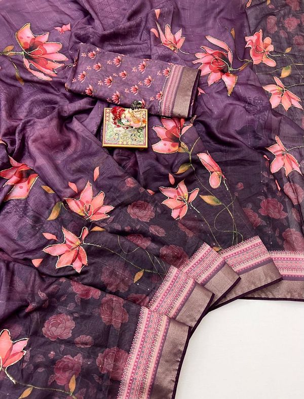 Purple Floral Cotton Saree With CutDana Work Blouse