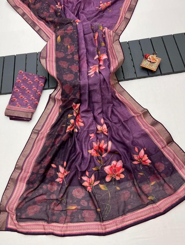Purple Floral Cotton Saree With CutDana Work Blouse