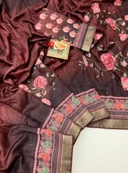 Party Wear Brown Cotton Saree With Designer Blouse - Brown