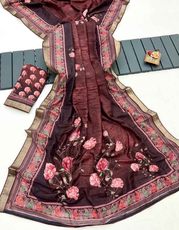 Party Wear Brown Cotton Saree With Designer Blouse
