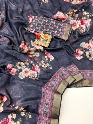 Handwork Grey Cotton Saree With Floral Print