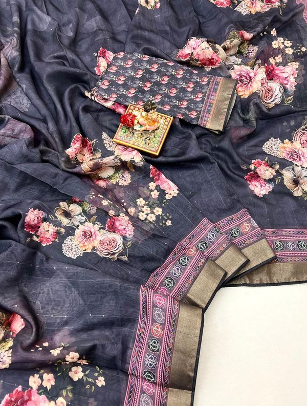 Handwork Grey Cotton Saree With Floral Print