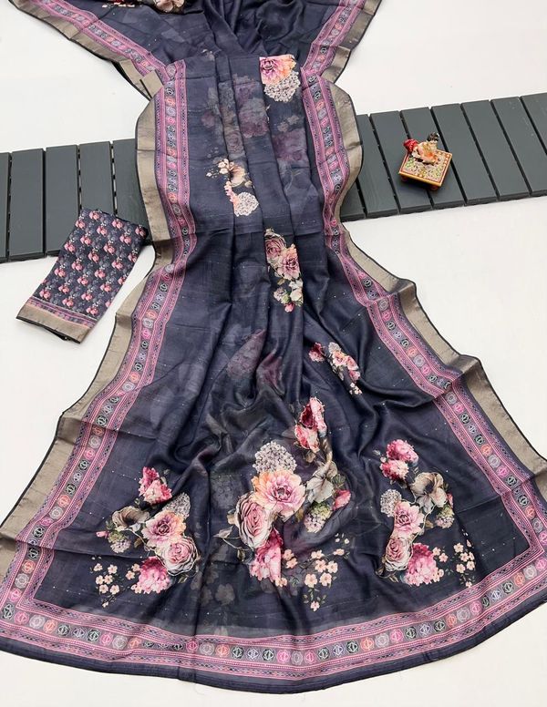 Handwork Grey Cotton Saree With Floral Print